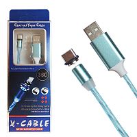 шнур usb 360 led type-c 1м голубой сменный разъём на магните 360 градусов светящийся бегущие огни  фото